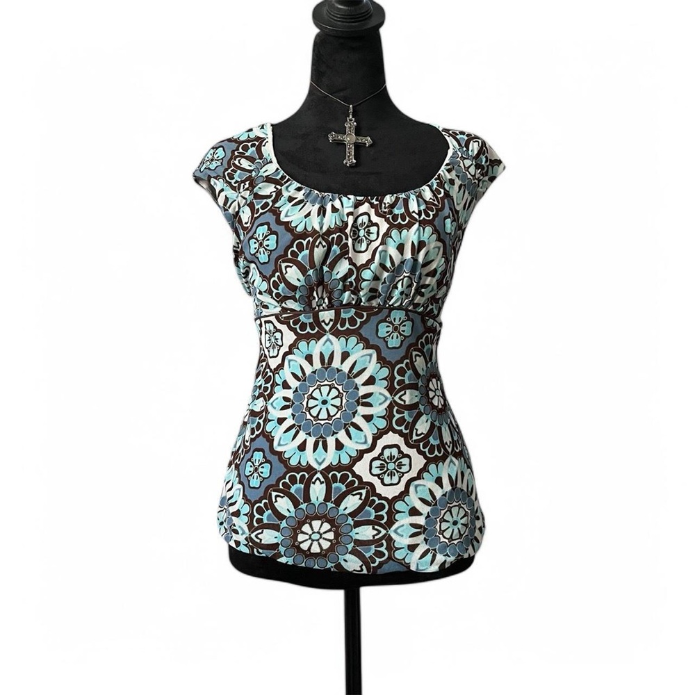 Y2K Blue Brown & White Floral Mesh Babydoll Top